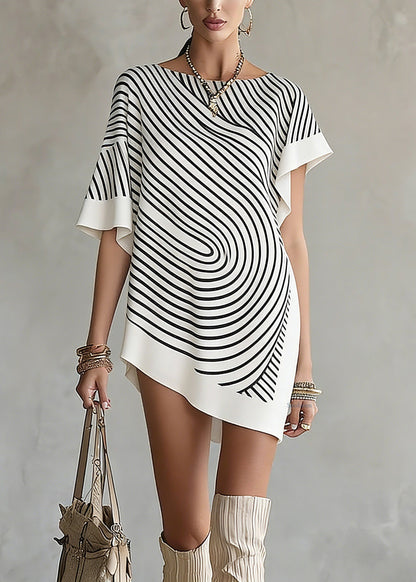 Chic White Asymmetrical Striped T Shirts Short Sleeve