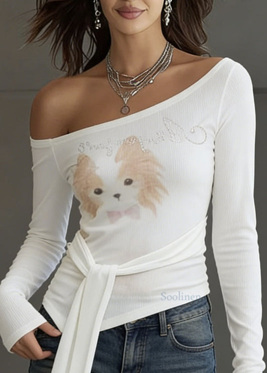 Chic White Cold Shoulder Print Zircon Cotton Tops Spring
