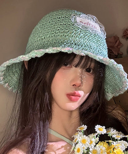 Chic White Lace Patchwork Straw Woven Bucket Hat