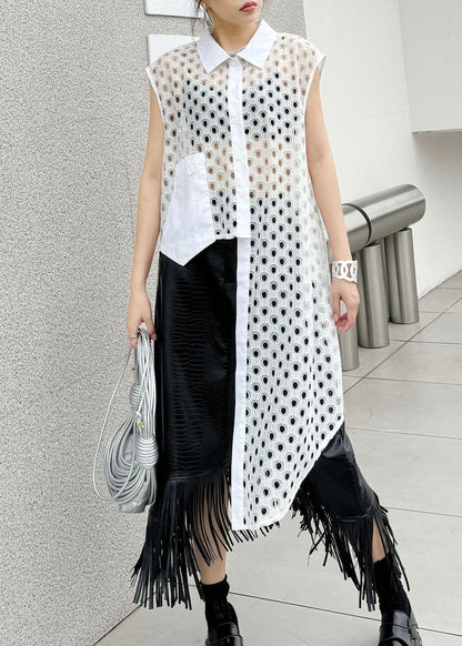 Chic White Peter Pan Collar Hollow Out Cotton Shirt Tops Summer