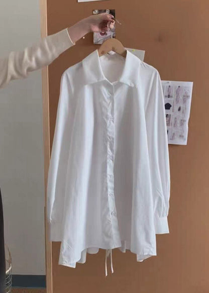 Chic White Peter Pan Collar Ruffled Patchwork Backless Shirt Spring
