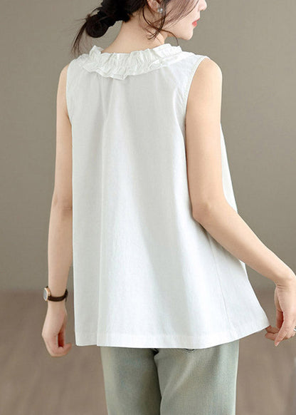 Chic White Ruffled Patchwork Solid Vest Sleeveless