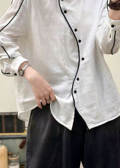 Chic White Stand Collar Button Cotton Blouses Spring