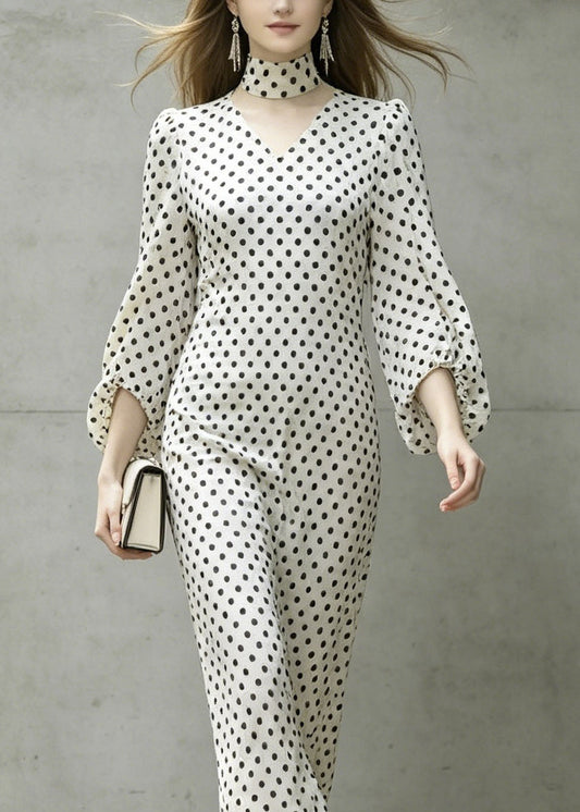 Chic White V Neck Dot Print Chiffon Dresses Lantern Sleeve