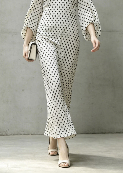 Chic White V Neck Dot Print Chiffon Dresses Lantern Sleeve