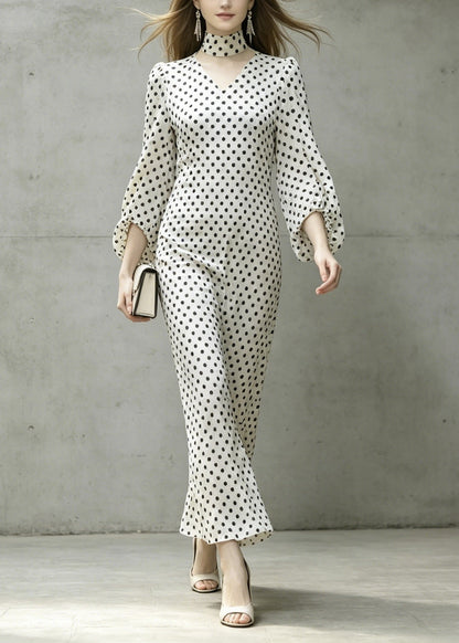 Chic White V Neck Dot Print Chiffon Dresses Lantern Sleeve