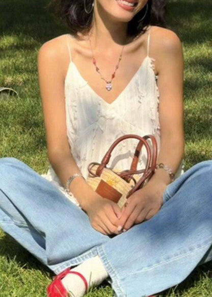 Chic White V Neck Patchwork Cotton Spaghetti Strap Tops Summer