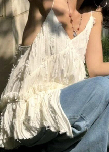 Chic White V Neck Patchwork Cotton Spaghetti Strap Tops Summer