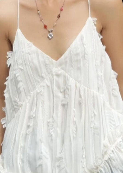 Chic White V Neck Patchwork Cotton Spaghetti Strap Tops Summer