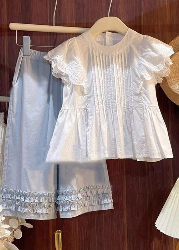 Chic Wrinkled Patchwork Top And Wide Leg Pants Girls Two Piece Set Summer