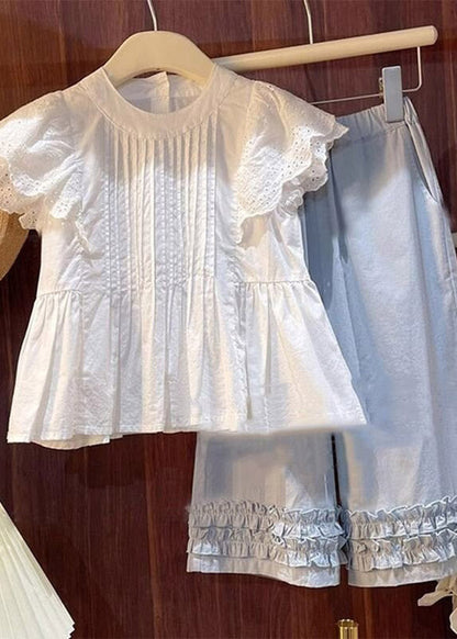 Chic Wrinkled Patchwork Top And Wide Leg Pants Girls Two Piece Set Summer