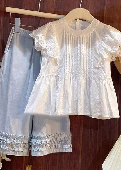 Chic Wrinkled Patchwork Top And Wide Leg Pants Girls Two Piece Set Summer
