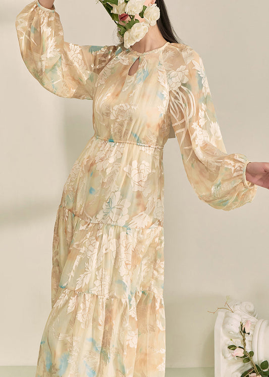 Chic Yellow O-Neck Print Long Dresses Lantern Sleeve