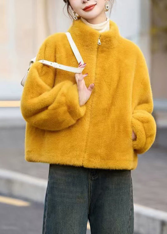 Chic Yellow Stand Collar Zip Up Faux Fur Short Coats Winter