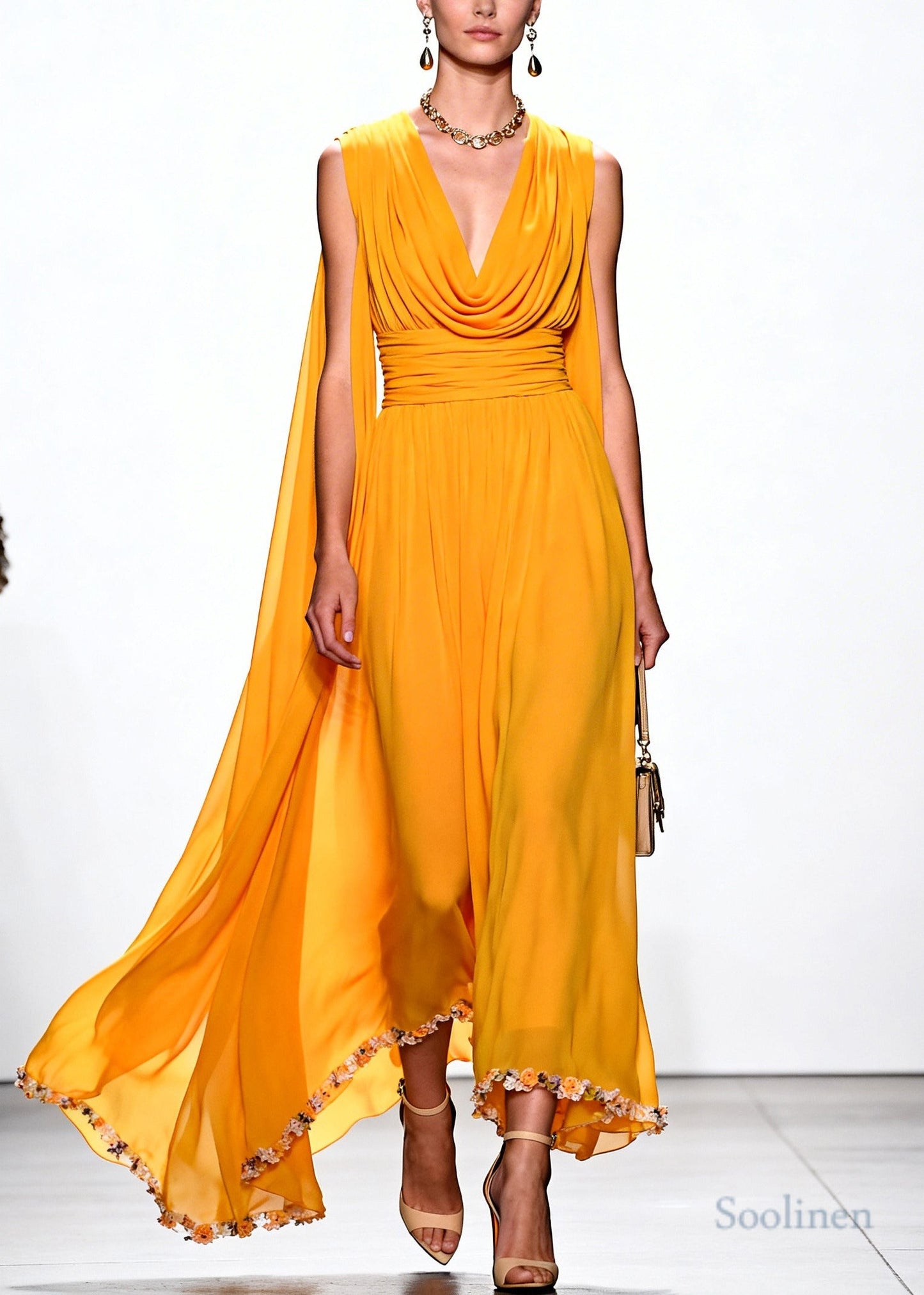 Chic Yellow Turtle Neck Flower Lace Draping Chiffon Dress Summer