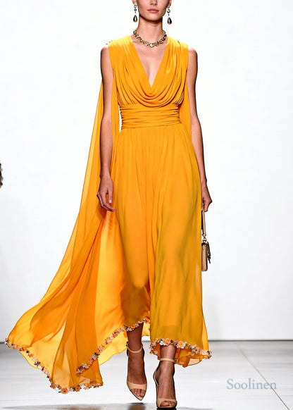 Chic Yellow Turtle Neck Flower Lace Draping Chiffon Dress Summer