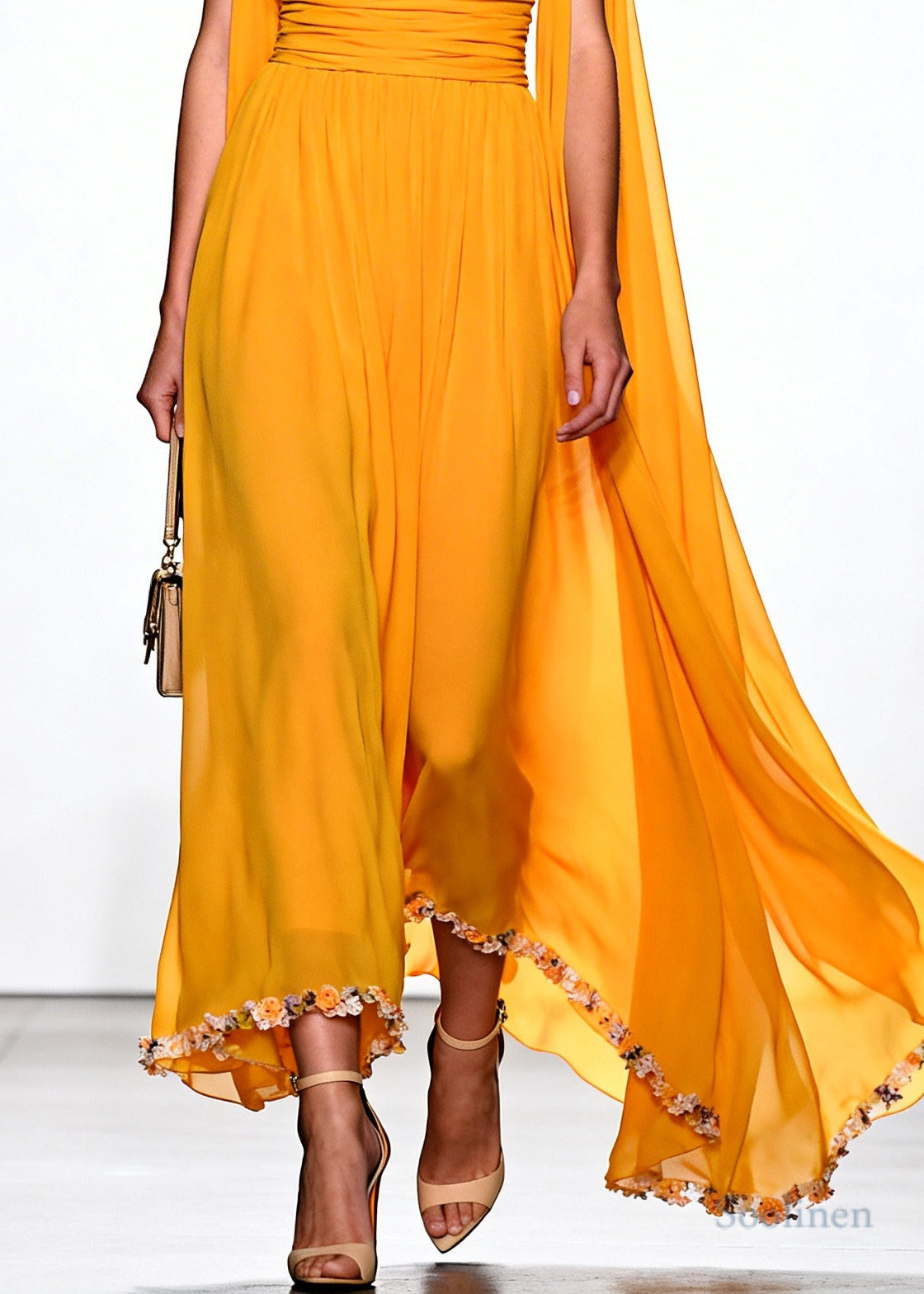 Chic Yellow Turtle Neck Flower Lace Draping Chiffon Dress Summer