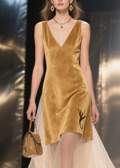 Chic Yellow V Neck Tulle Patchwork Velvet Dresses Sleeveless