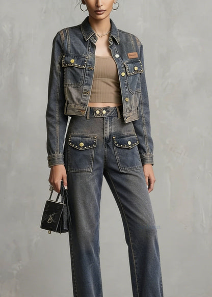 Chic Blue Rivet Pockets Denim Two Piece Set Women Clothing Spring