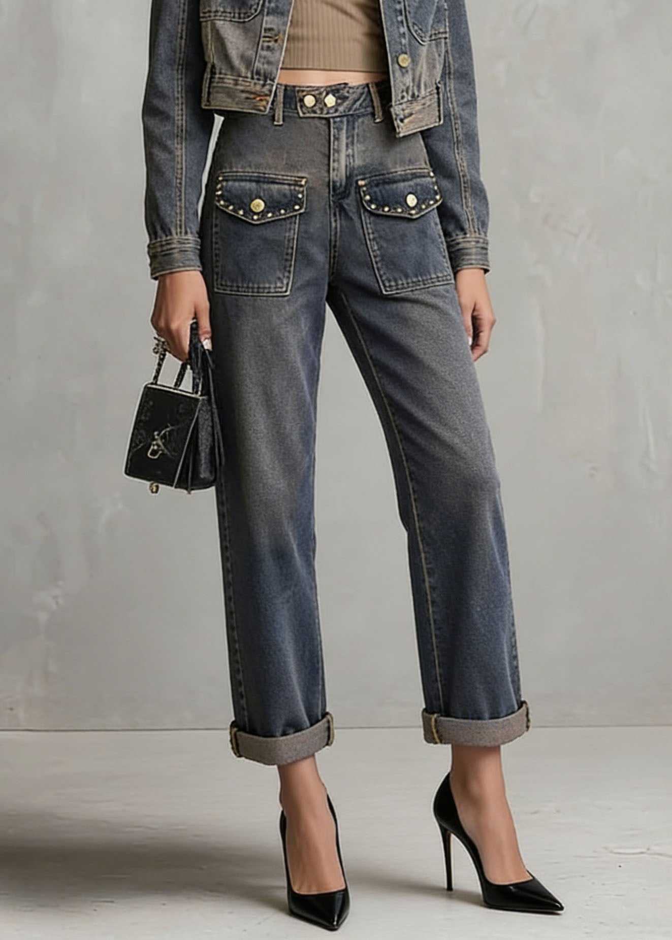 Chic Blue Rivet Pockets Denim Two Piece Set Women Clothing Spring