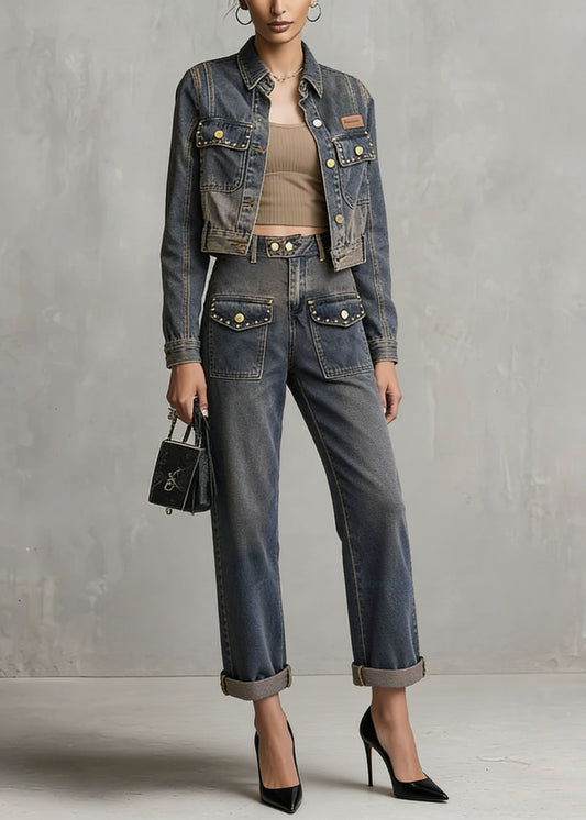 Chic Blue Rivet Pockets Denim Two Piece Set Women Clothing Spring