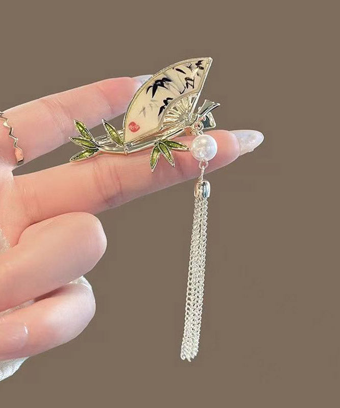 Chinese Style Alloy Pearl Bamboo Leaf Fan-Shaped Tassel Hairpin