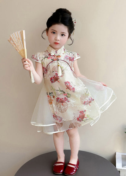 Chinese Style Apricot Stand Collar Print Tulle Kids Long Dresses Short Sleeve
