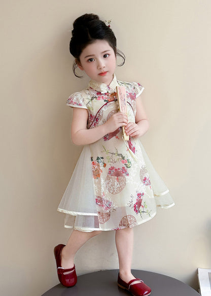 Chinese Style Apricot Stand Collar Print Tulle Kids Long Dresses Short Sleeve