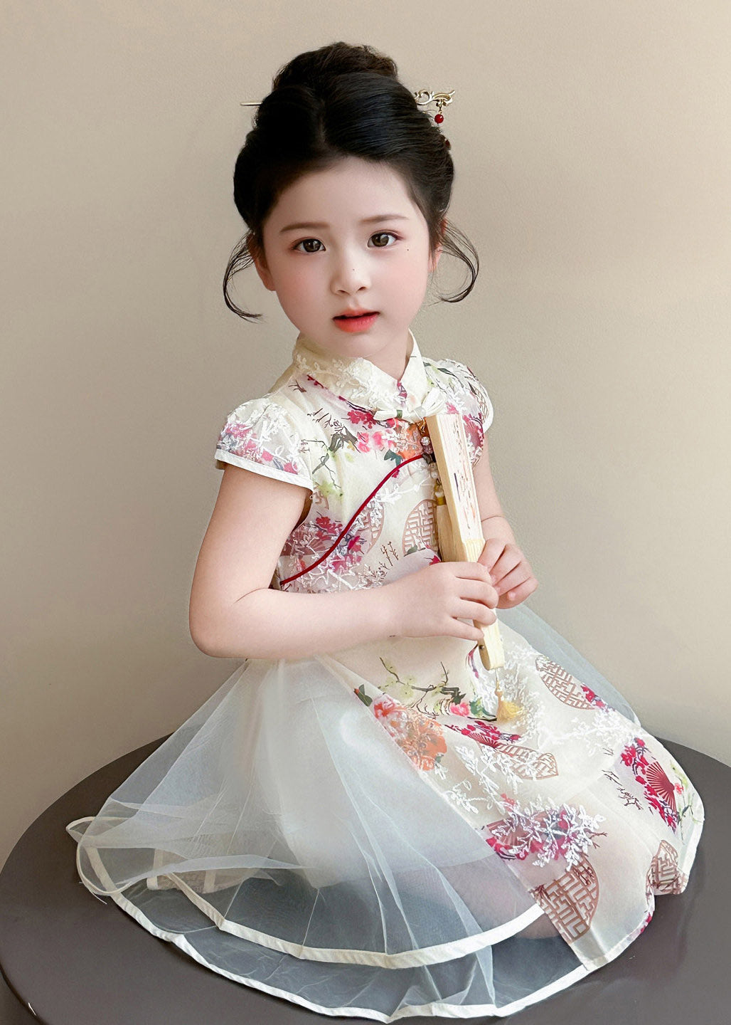 Chinese Style Apricot Stand Collar Print Tulle Kids Long Dresses Short Sleeve