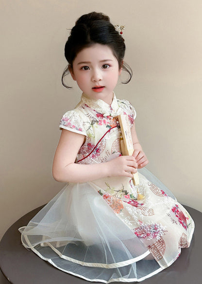 Chinese Style Apricot Stand Collar Print Tulle Kids Long Dresses Short Sleeve