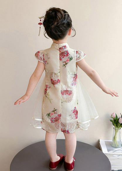Chinese Style Apricot Stand Collar Print Tulle Kids Long Dresses Short Sleeve