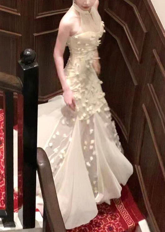 Chinese Style Apricot Stand Collar Tulle Holiday Maxi Dress Summer