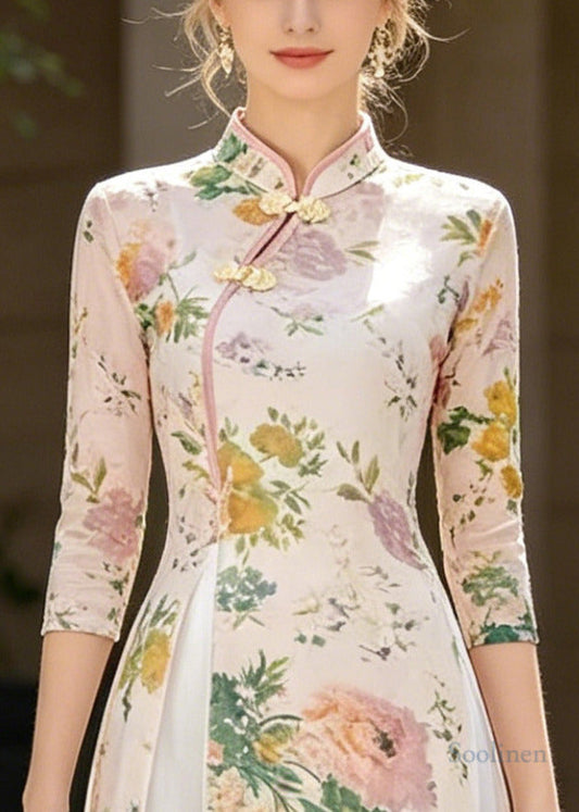 Chinese Style Beige Print Side Open Chiffon Two-Piece Set Summer