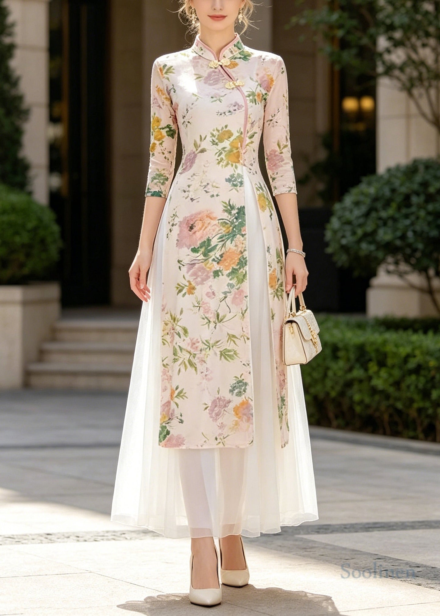 Chinese Style Beige Print Side Open Chiffon Two-Piece Set Summer