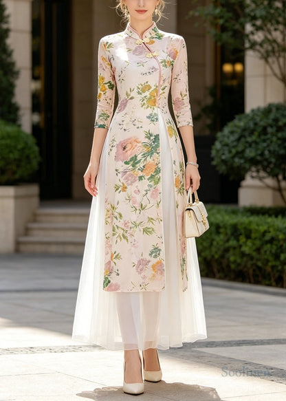 Chinese Style Beige Print Side Open Chiffon Two-Piece Set Summer