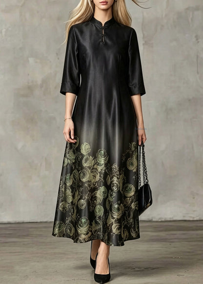 Chinese Style Black Stand Collar Print Silk Long Dresses Summer