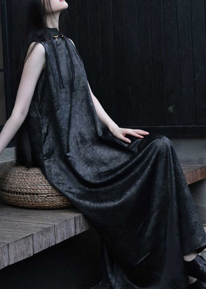 Chinese Style Black Stand Collar Solid Maxi Dress Sleeveless
