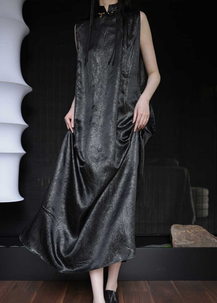 Chinese Style Black Stand Collar Solid Maxi Dress Sleeveless