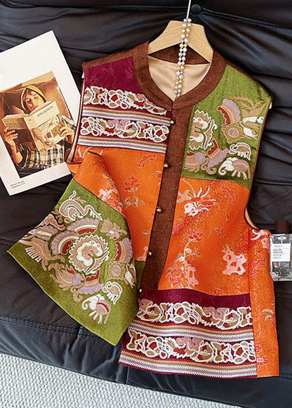 Chinese Style Colorblock Embroidered Button Cotton Waistcoat Sleeveless