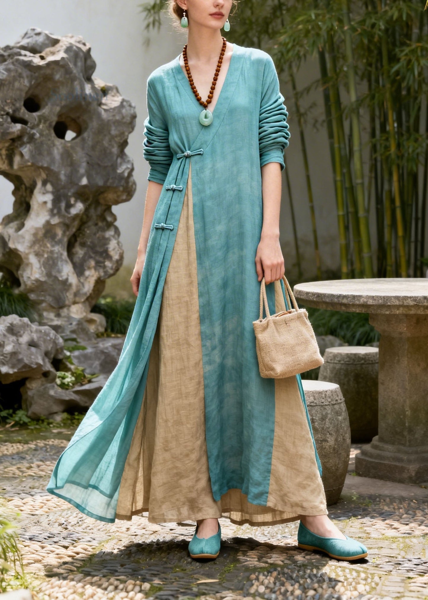 Chinese Style Colorblock V Neck Patchwork Cotton Dress Summer