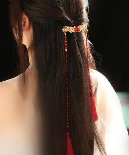 Chinese Style Green Copper Overgild Agate Pearl Tassel Hairpin