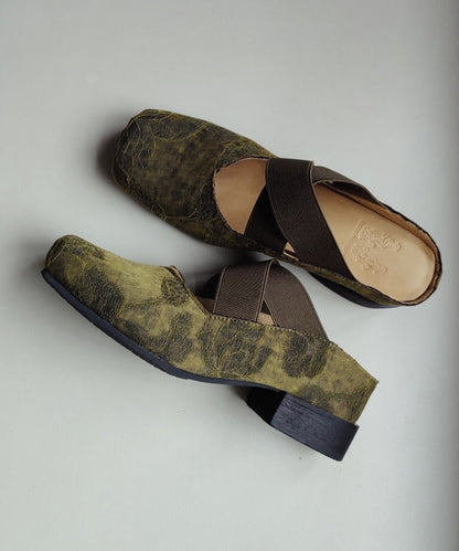 Chinese Style Green Cross Strap Splicing Chunky Slide Sandals