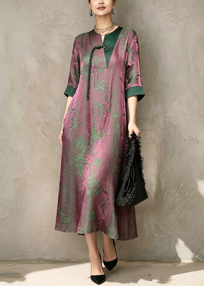 Chinese Style Green O-Neck Print Asymmetrical Long Dress Short Sleeve