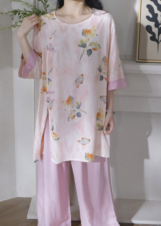 Chinese Style Green O-Neck Print Lingerie Set Short Sleeve