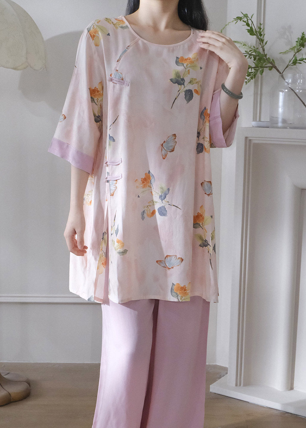 Chinese Style Green O-Neck Print Lingerie Set Short Sleeve