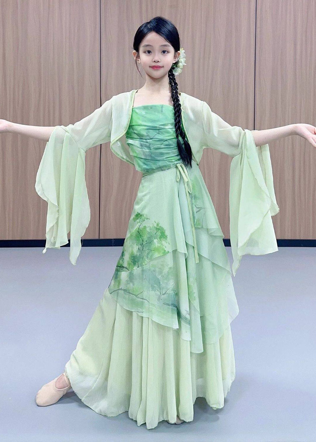 Chinese Style Green Print Wrinkled Tulle Kids Four Piece Set Outfits Spring