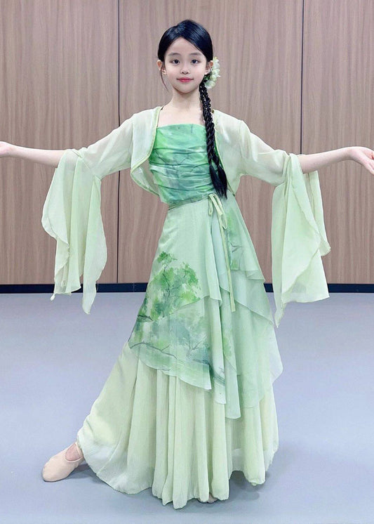 Chinese Style Green Print Wrinkled Tulle Kids Four Piece Set Outfits Spring