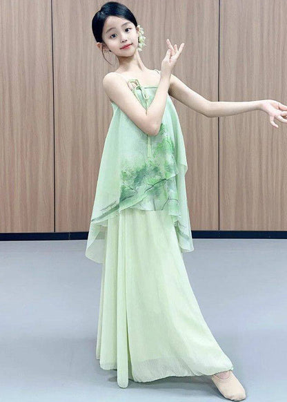 Chinese Style Green Print Wrinkled Tulle Kids Four Piece Set Outfits Spring