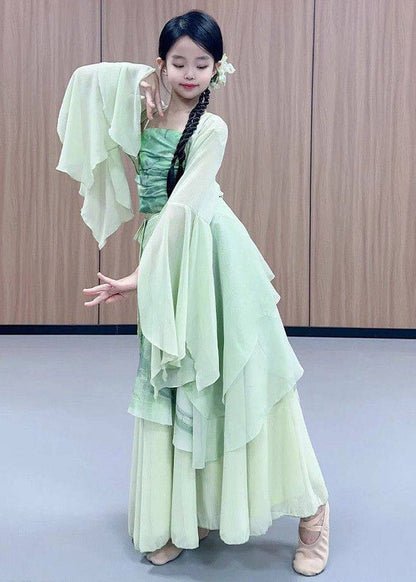 Chinese Style Green Print Wrinkled Tulle Kids Four Piece Set Outfits Spring