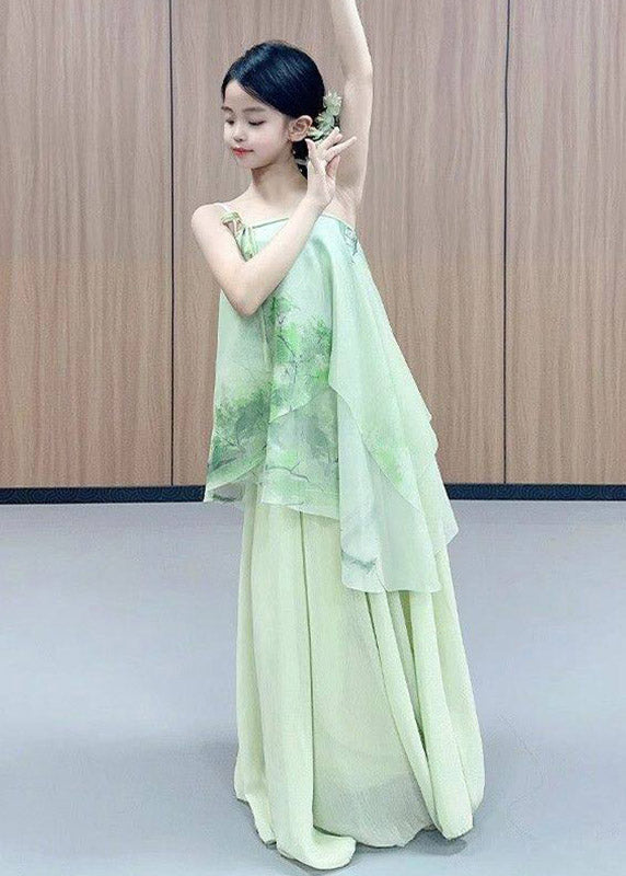 Chinese Style Green Print Wrinkled Tulle Kids Four Piece Set Outfits Spring
